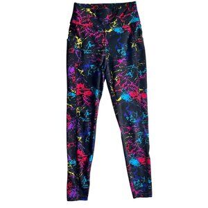 Pop flex Womens High-Waisted Black Leggings With Colorful Splatter Print & Pocke